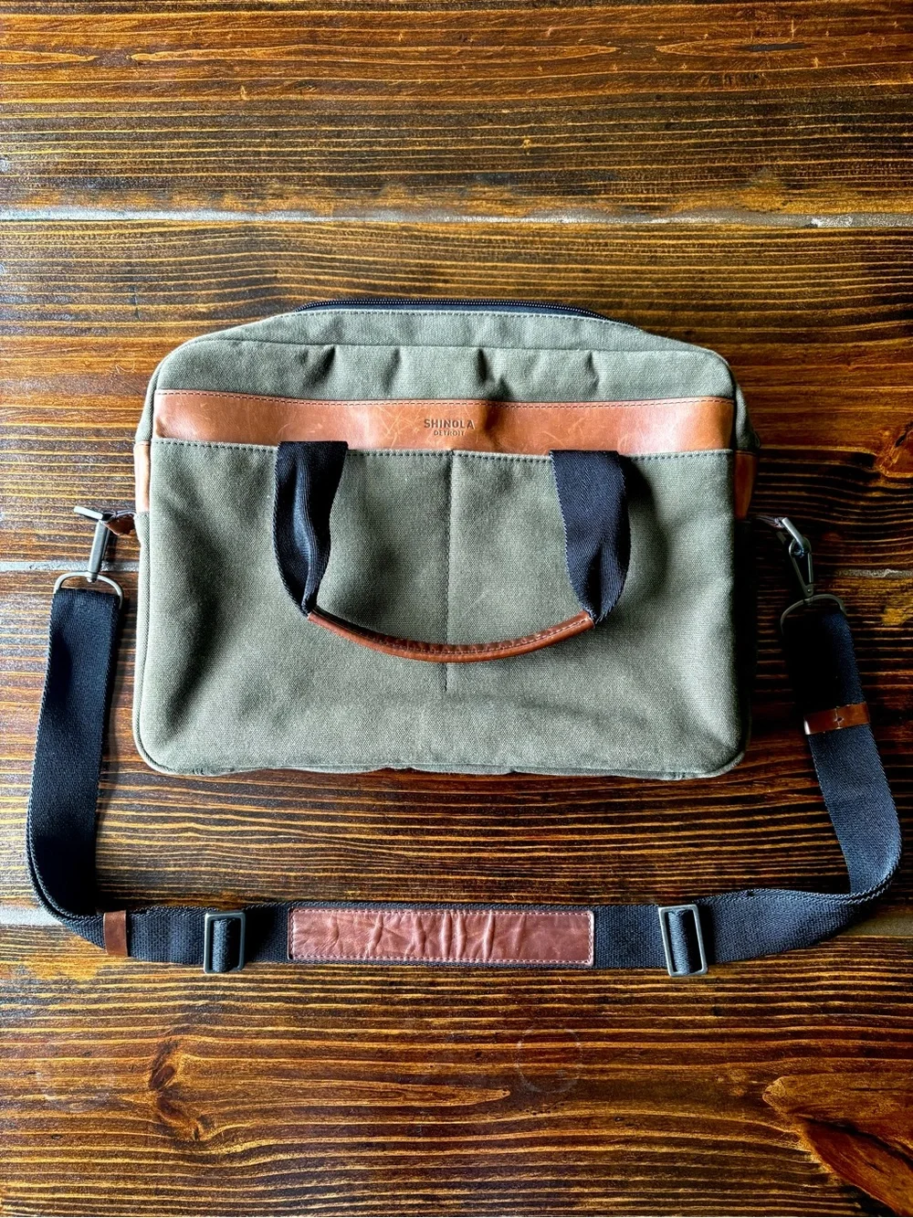Shinola Mack waxed canvas messenger bag